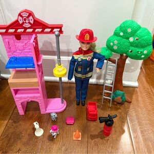 Like new Barbie Careers Firefighter Doll & Playset with Fire Station & Tree